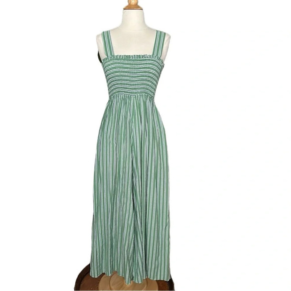 Boho Smocked Bodice Striped Wide Leg Jumpsuit Pockets, XS - Picture 2 of 16